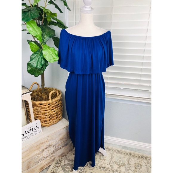 blue off shoulder maxi dress